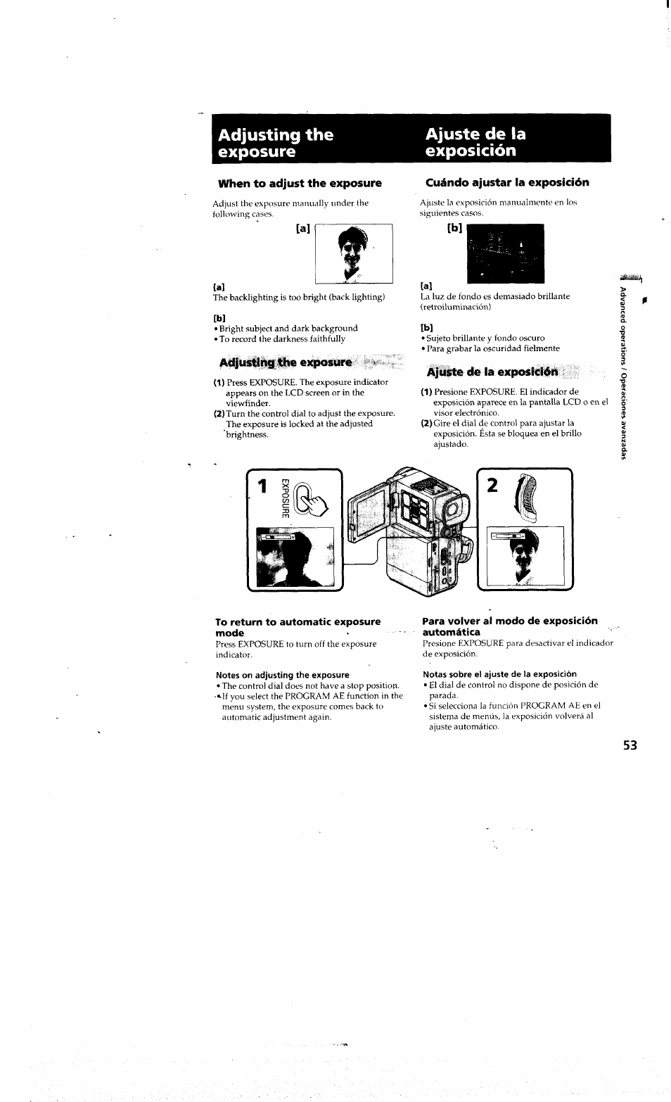 Adjusting the exposure, Ajuste de la exposición, When to adjust the exposure | Cuándo ajustar la exposición, To return to automatic exposure mode, Notes on adjusting the exposure, Para volver ai modo de exposición automática, Notas sobre el ajuste de la exposición, Adjusting the exposure ajuste de la exposición | Sony DCR-PC10 User Manual | Page 51 / 122