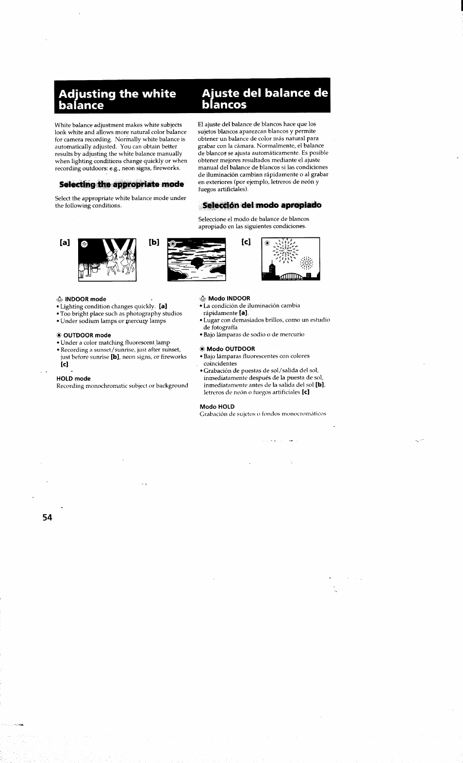 Adjusting the white ajuste del balance de, Balance blancos, Indoor mode | Outdoor mode, Hold mode, Çic modo indoor, Modo outdoor, Modo hold | Sony DCR-PC10 User Manual | Page 52 / 122