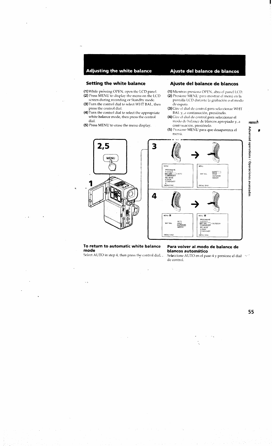 Adjusting the white balance, Ajuste del balance de blancos, Setting the white balance | To return to automatic white balance mode, Ajuste del'balance de blancos | Sony DCR-PC10 User Manual | Page 53 / 122