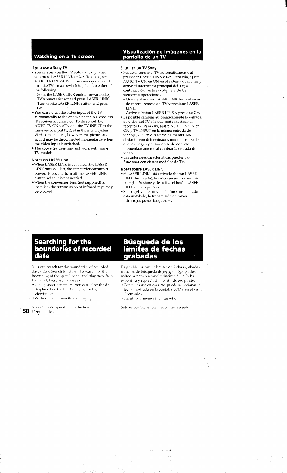 If you use a sony tv, Notes on laser link, Si utiliza un tv sony | Notas sobre laser link, Searching for the búsqueda de los, Boundaries of recorded límites de fechas, Date grabadas | Sony DCR-PC10 User Manual | Page 56 / 122
