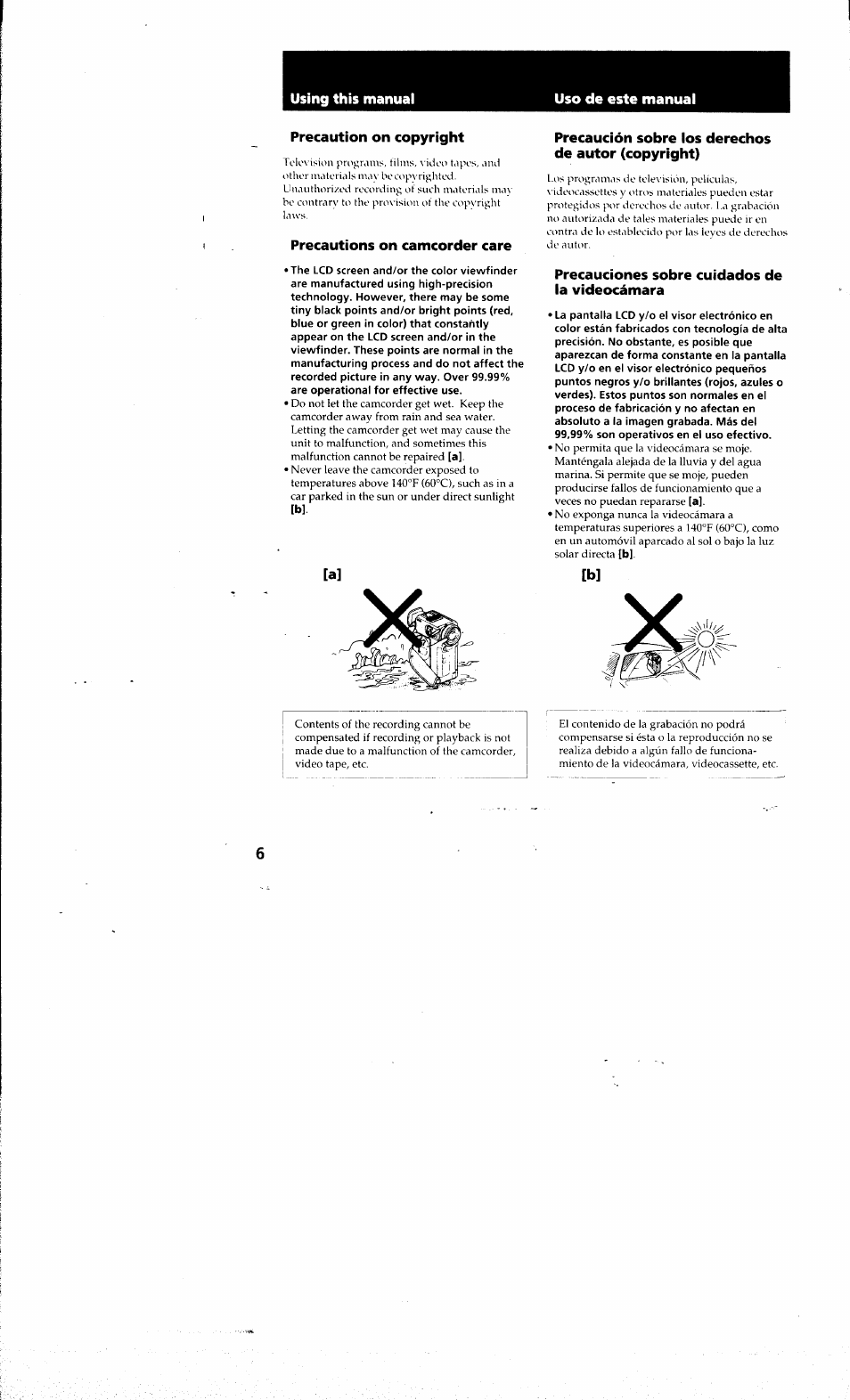 Using this manual, Uso de este manual, Precaution on copyright | Precautions on camcorder care, Precaución sobre los derechos de autor (copyright), Precauciones sobre cuidados de la videocámara | Sony DCR-PC10 User Manual | Page 6 / 122