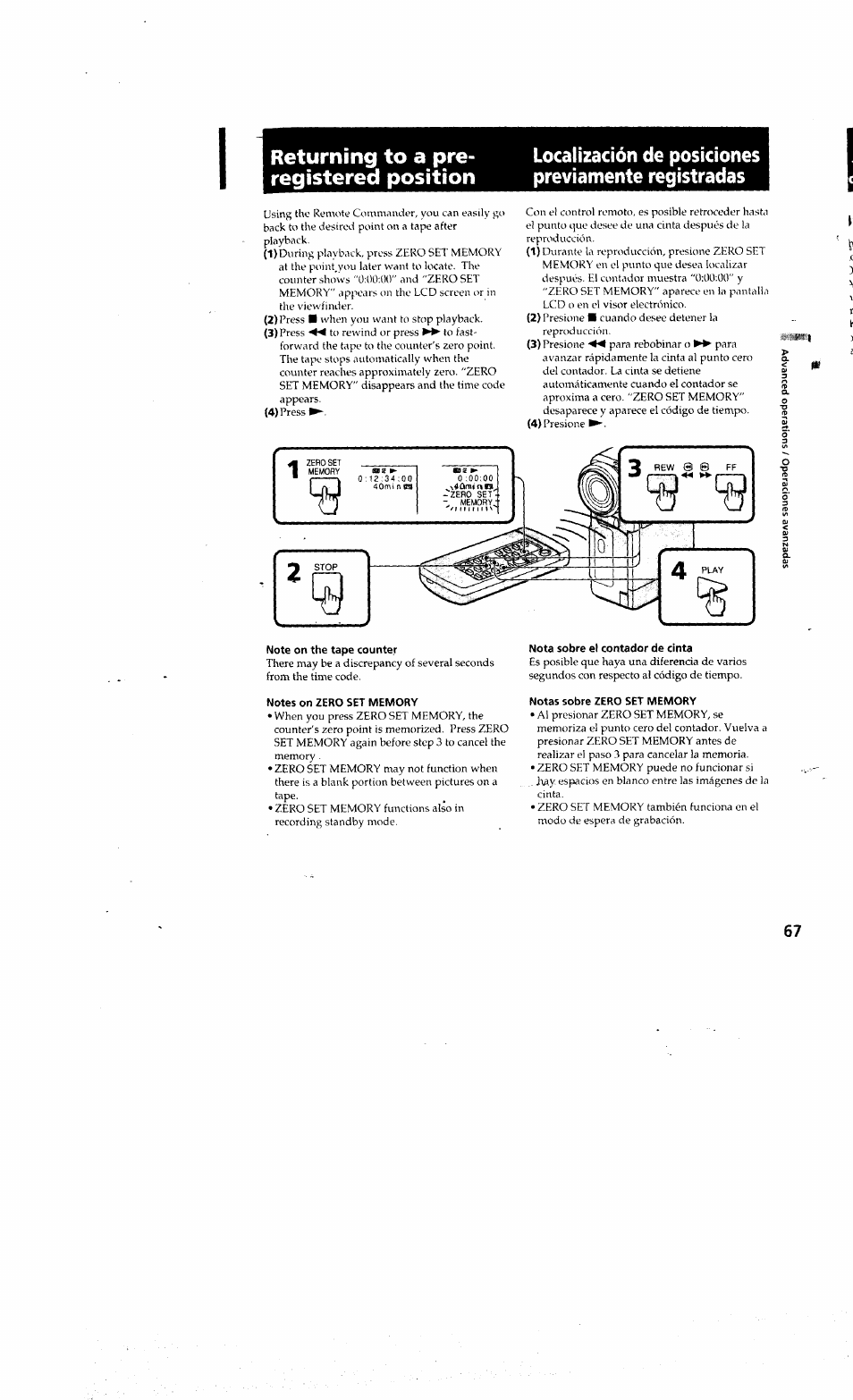 Returning to a preregistered position, Localización de posiciones previamente registradas, Note on the tape counter | Nota sobre el contador de cinta, Notes on zero set memory, Notas sobre zero set memory, Returning to a pre-registered position, Returning to a pre registered position | Sony DCR-PC10 User Manual | Page 65 / 122