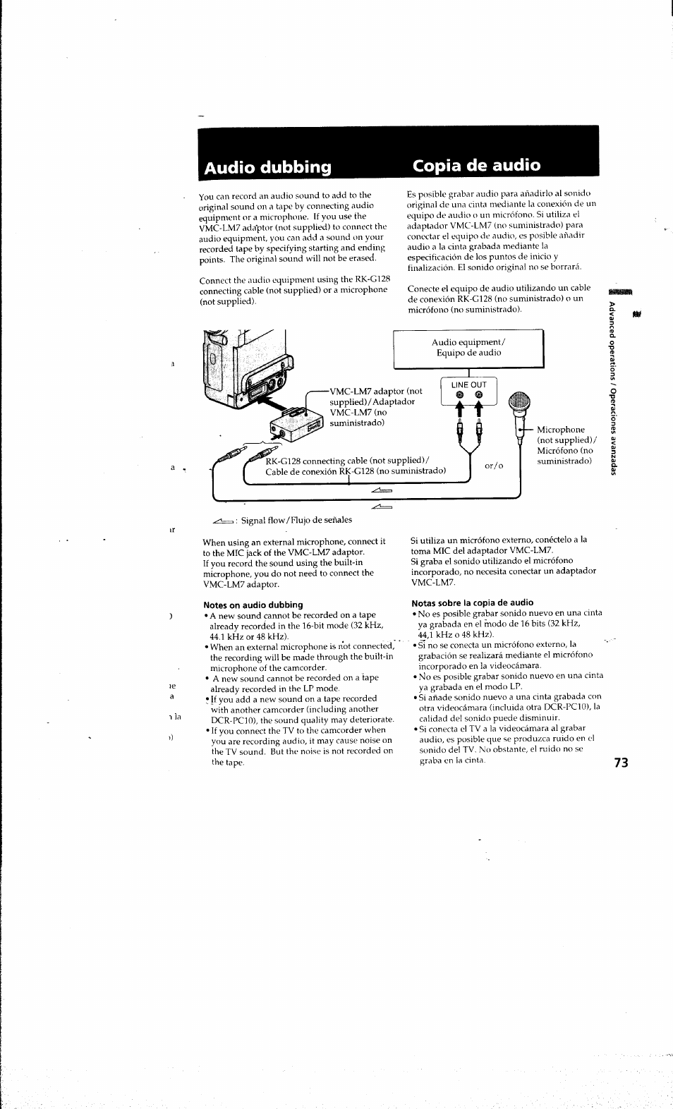 Audio dubbing, Copia de audio, Notes on audio dubbing | Notas sobre la copia de audio, Audio dubbing copia de audio | Sony DCR-PC10 User Manual | Page 71 / 122