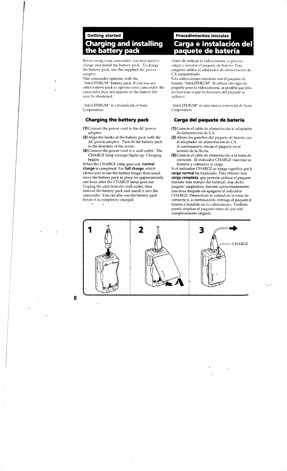 Charging the battery pack, Carga del paquete de batería | Sony DCR-PC10 User Manual | Page 8 / 122