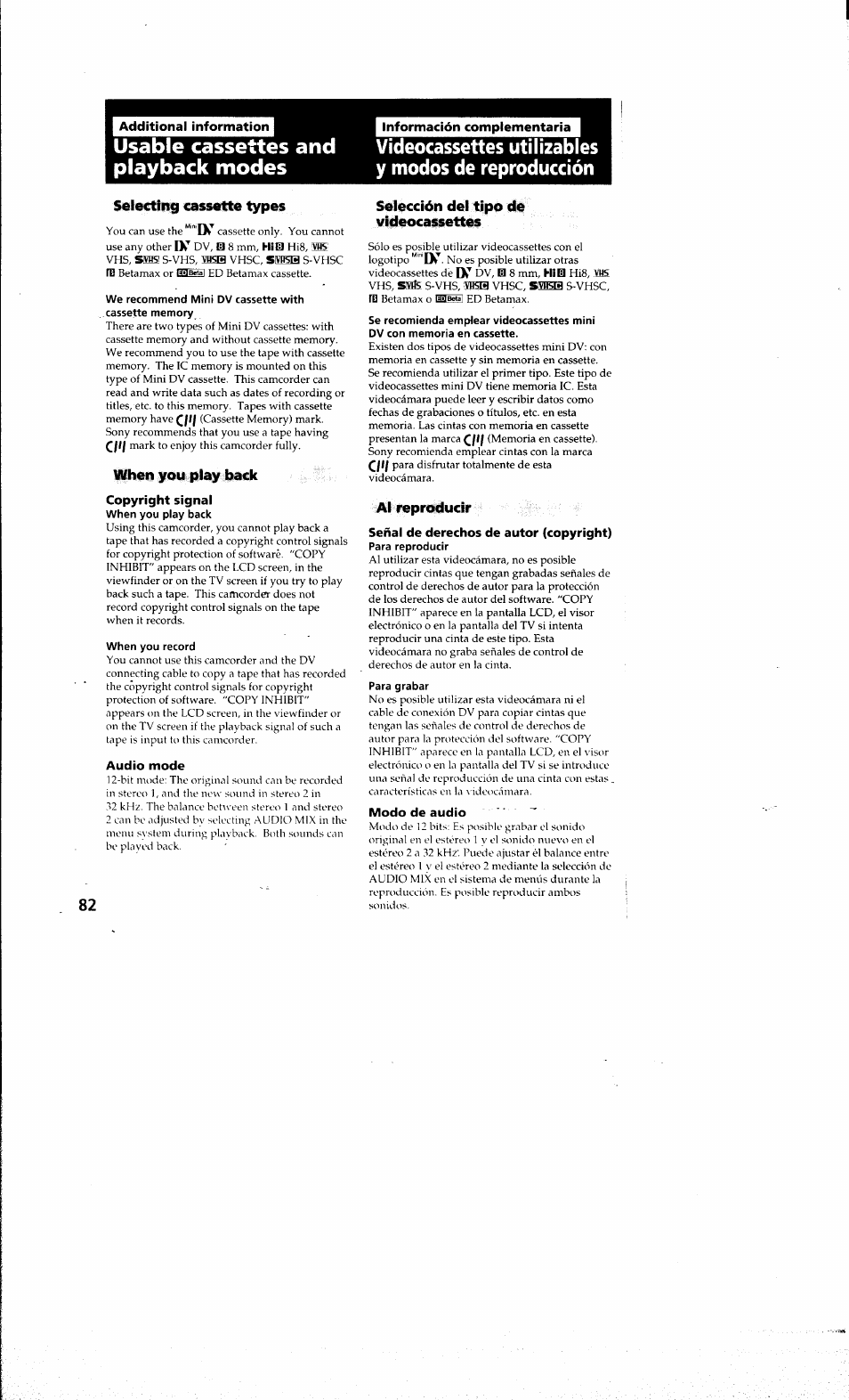 Usable cassettes and playback modes, Videocassettes utilizables y modos de reproducción, We recommend mini dv cassette with cassette memory | Copyright signal, When you play back, When you record, Audio mode, Señal de derechos de autor (copyright), Para reproducir, Para grabar | Sony DCR-PC10 User Manual | Page 80 / 122