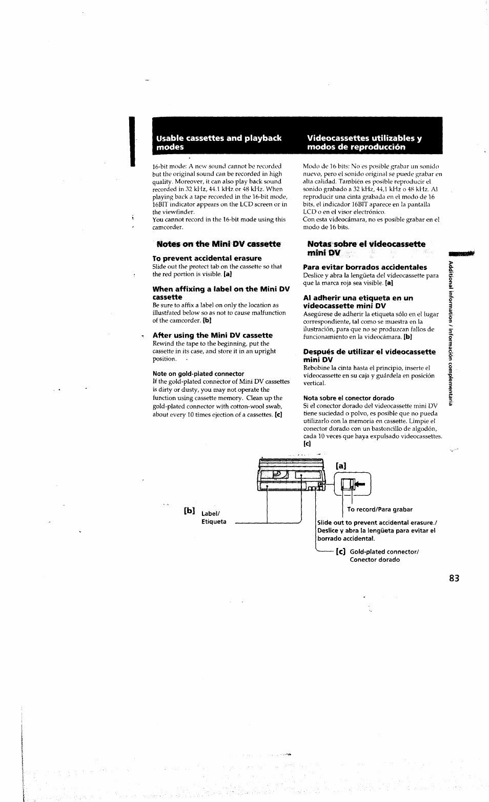 To prevent accidental erasure, When affixing a label on the mini dv cassette, After using the mini dv cassette | Note on gold-plated connector, Para evitar borrados accidentales, Después de utilizar el videocassette mini dv, Nota sobre el conector dorado, To record/para grabar, C] gold-plated connector/ conector dorado | Sony DCR-PC10 User Manual | Page 81 / 122