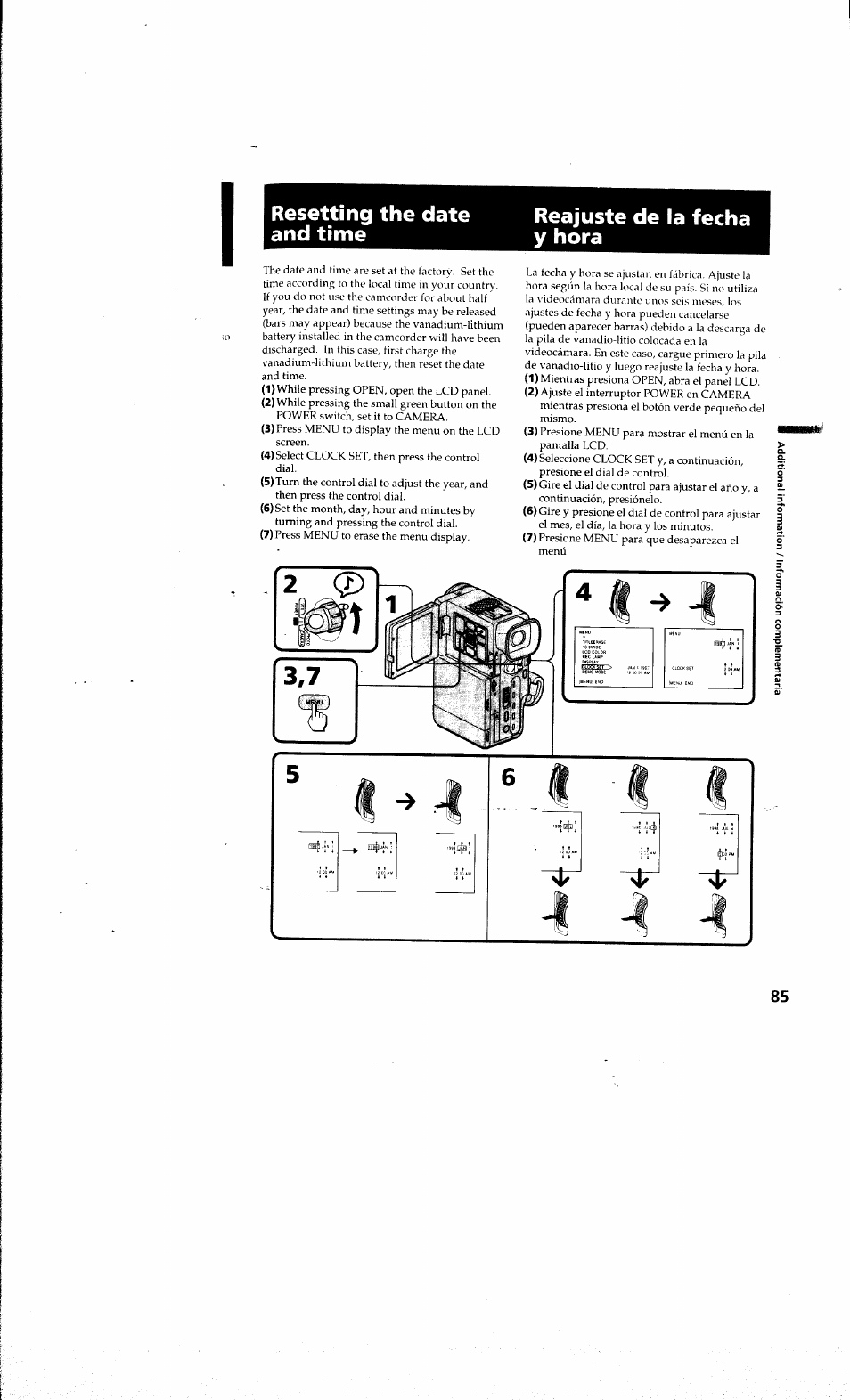 Resetting the date and time, Reajuste de la fecha y hora | Sony DCR-PC10 User Manual | Page 83 / 122