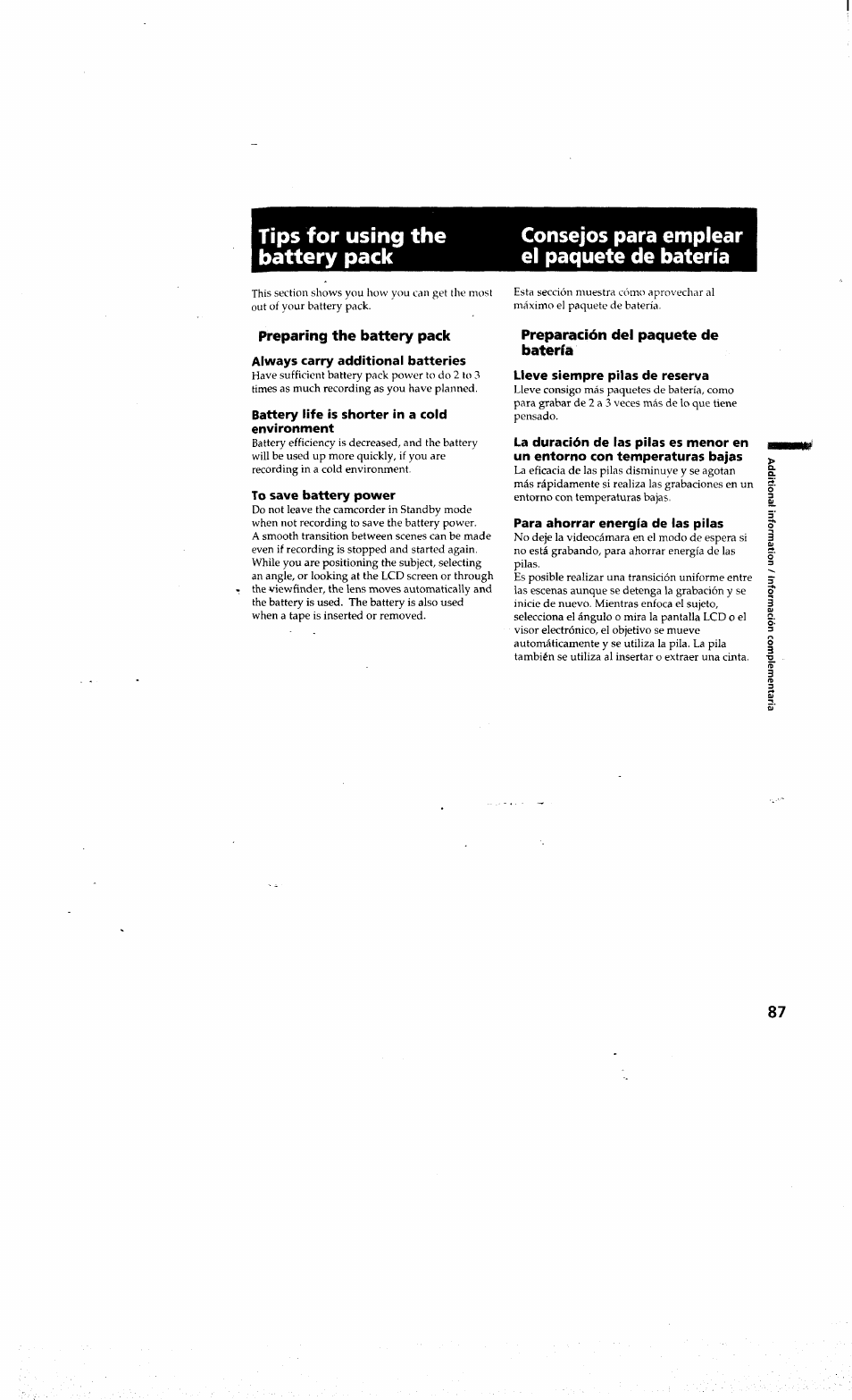 Consejos para emplear el paquete de batería, Preparing the battery pack, Always carry additional batteries | Battery life is shorter in a cold environment, To save battery power, Preparación del paquete de batería, Lleve siempre pilas de reserva, Para ahorrar energía de las pilas, Tips for using fhe battery pack | Sony DCR-PC10 User Manual | Page 85 / 122