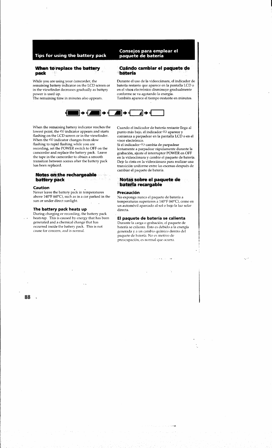 When to replace the battery pack, Cuándo cambiar el paquete de batería, Notes on the rechargeable battery pack | Caution, The battery pack heats up, Notas sobre el paquete de batería recargable, Precaución, El paquete de batería se calienta | Sony DCR-PC10 User Manual | Page 86 / 122