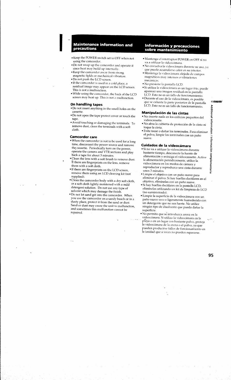 On handling tapes, Camcorder care, Manipulación de las cintas | Cuidados de la videocámara | Sony DCR-PC10 User Manual | Page 93 / 122
