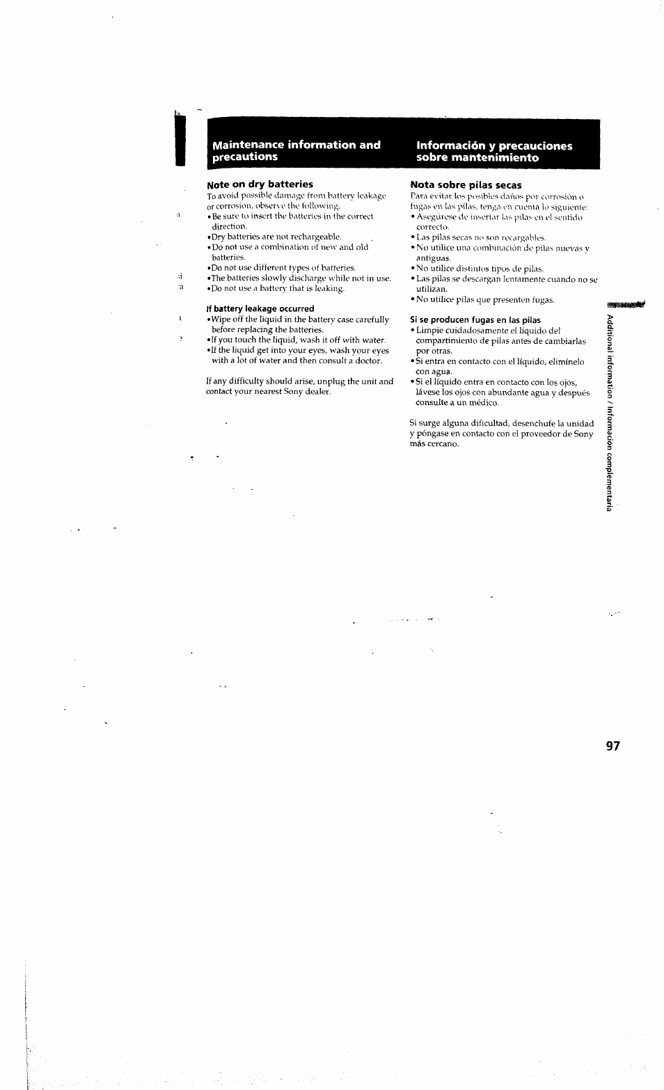 Note on dry batteries, If battery leakage occurred, Nota sobre pilas secas | Si se producen fugas en las pilas | Sony DCR-PC10 User Manual | Page 95 / 122