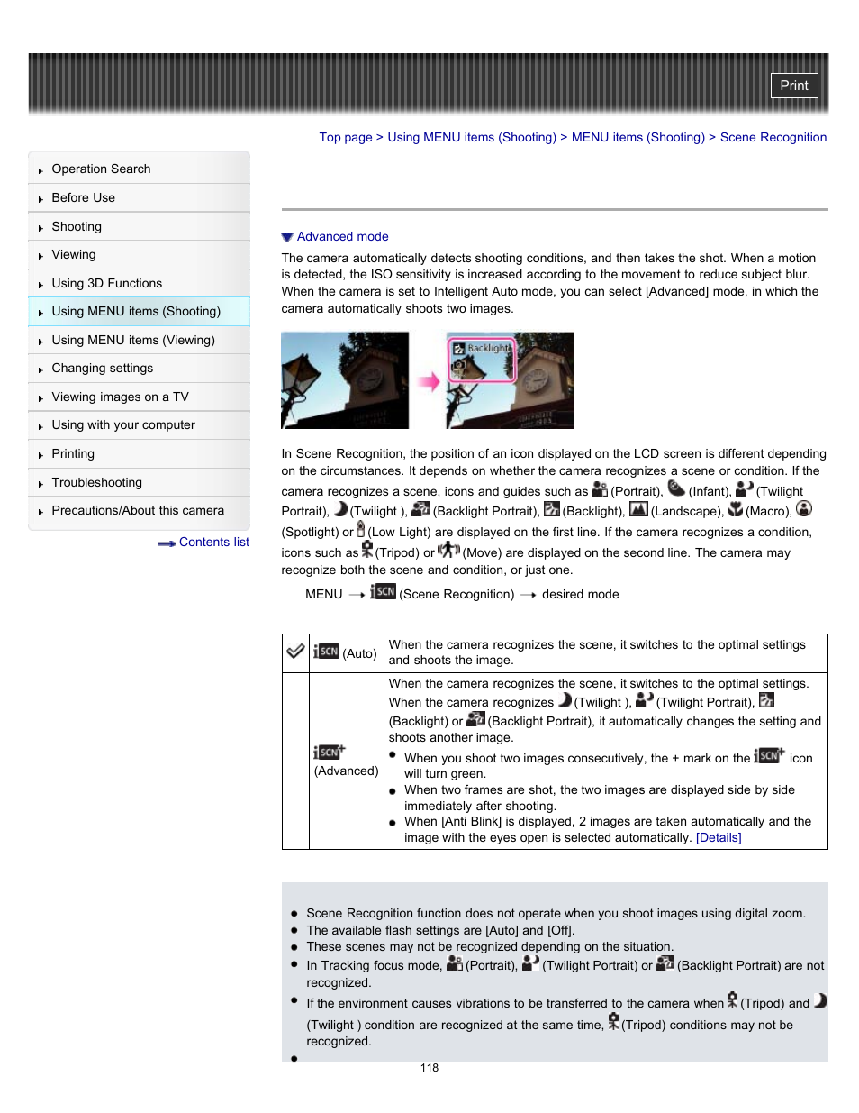 Scene recognition, Details | Sony DSC-WX9 User Manual | Page 118 / 252