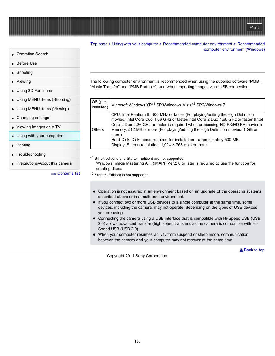 Recommended computer environment (windows) | Sony DSC-WX9 User Manual | Page 190 / 252