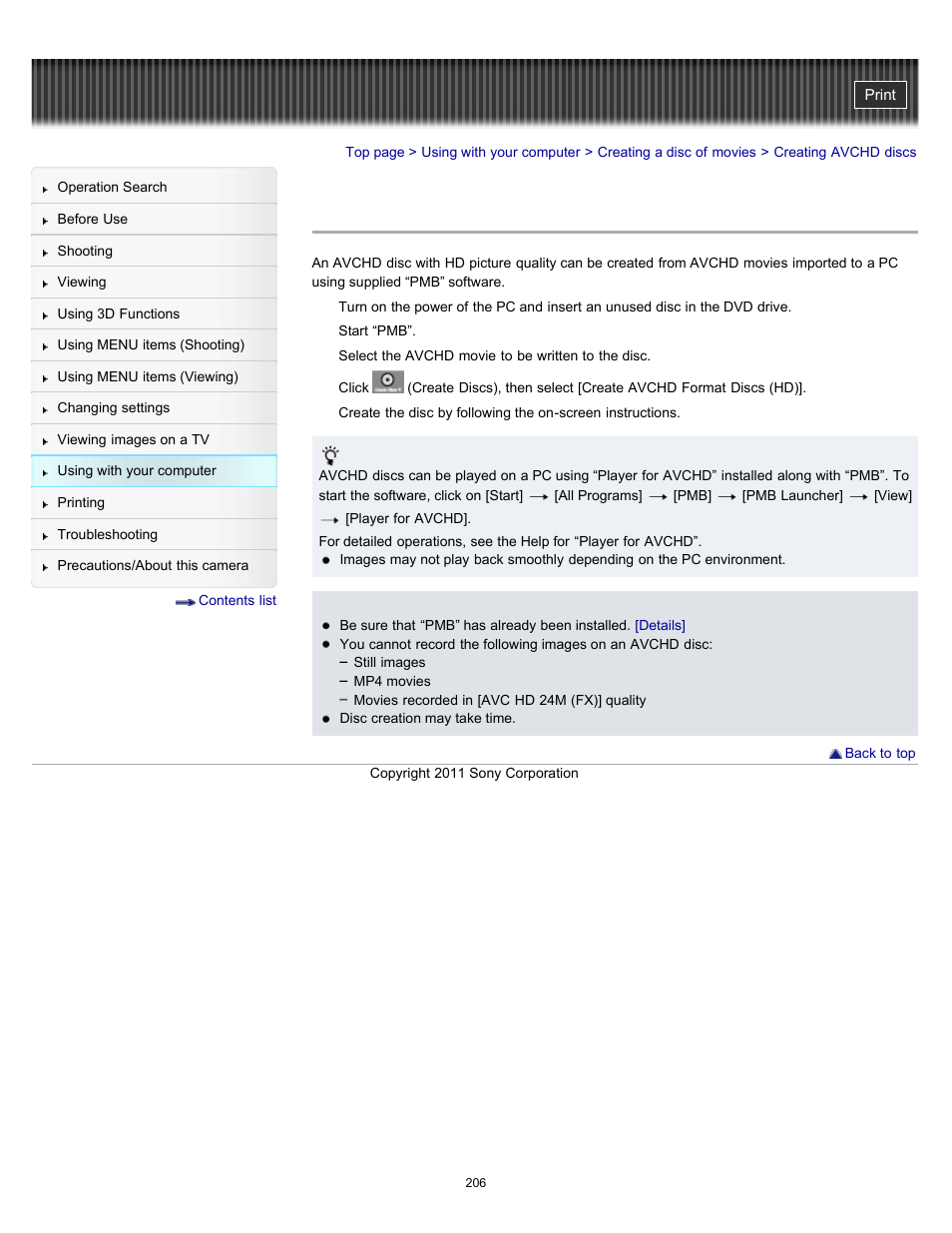 Creating avchd discs | Sony DSC-WX9 User Manual | Page 206 / 252