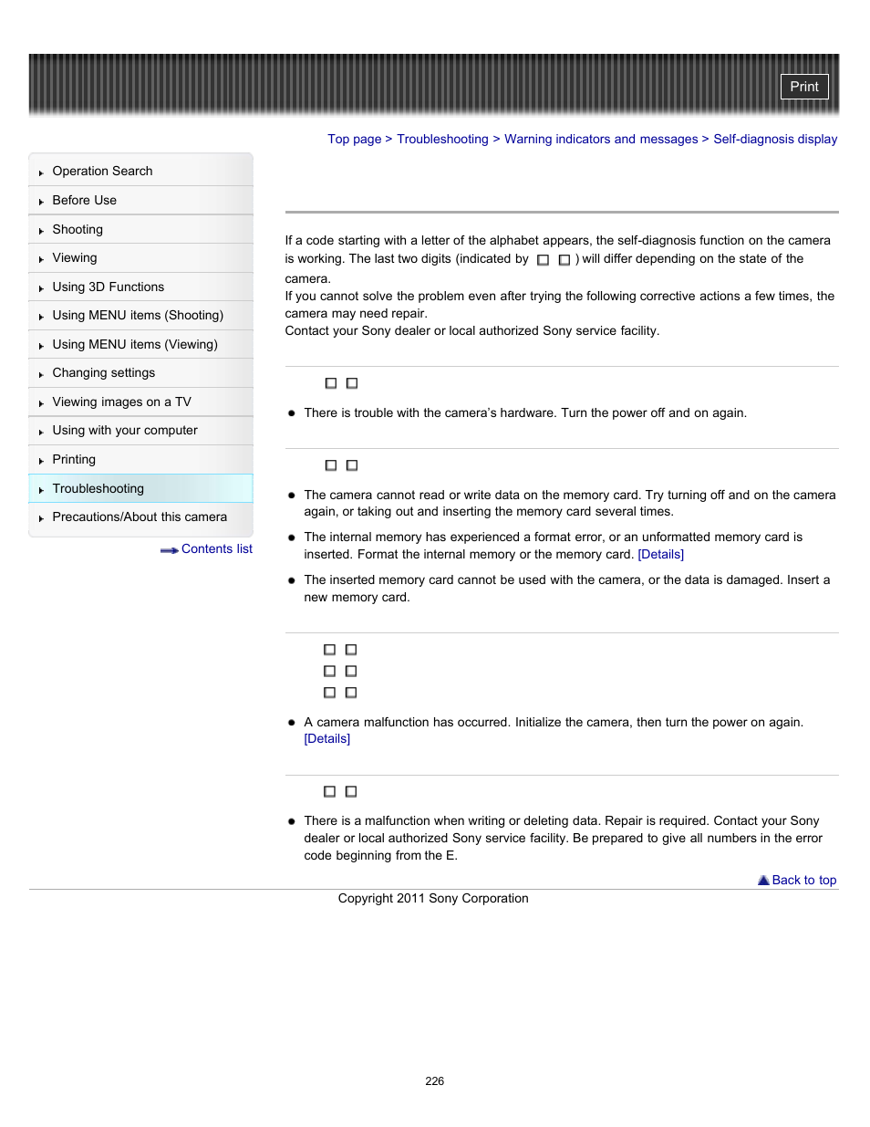Self-diagnosis display | Sony DSC-WX9 User Manual | Page 226 / 252