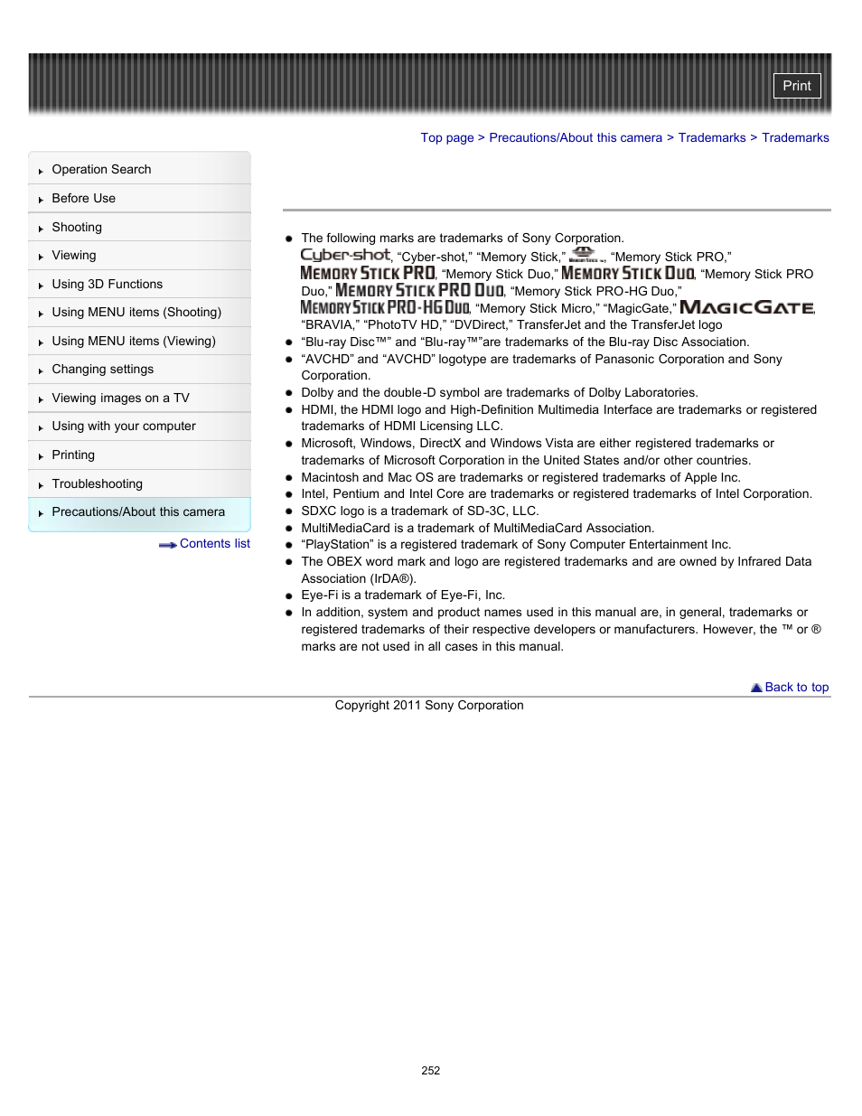 Trademarks | Sony DSC-WX9 User Manual | Page 252 / 252