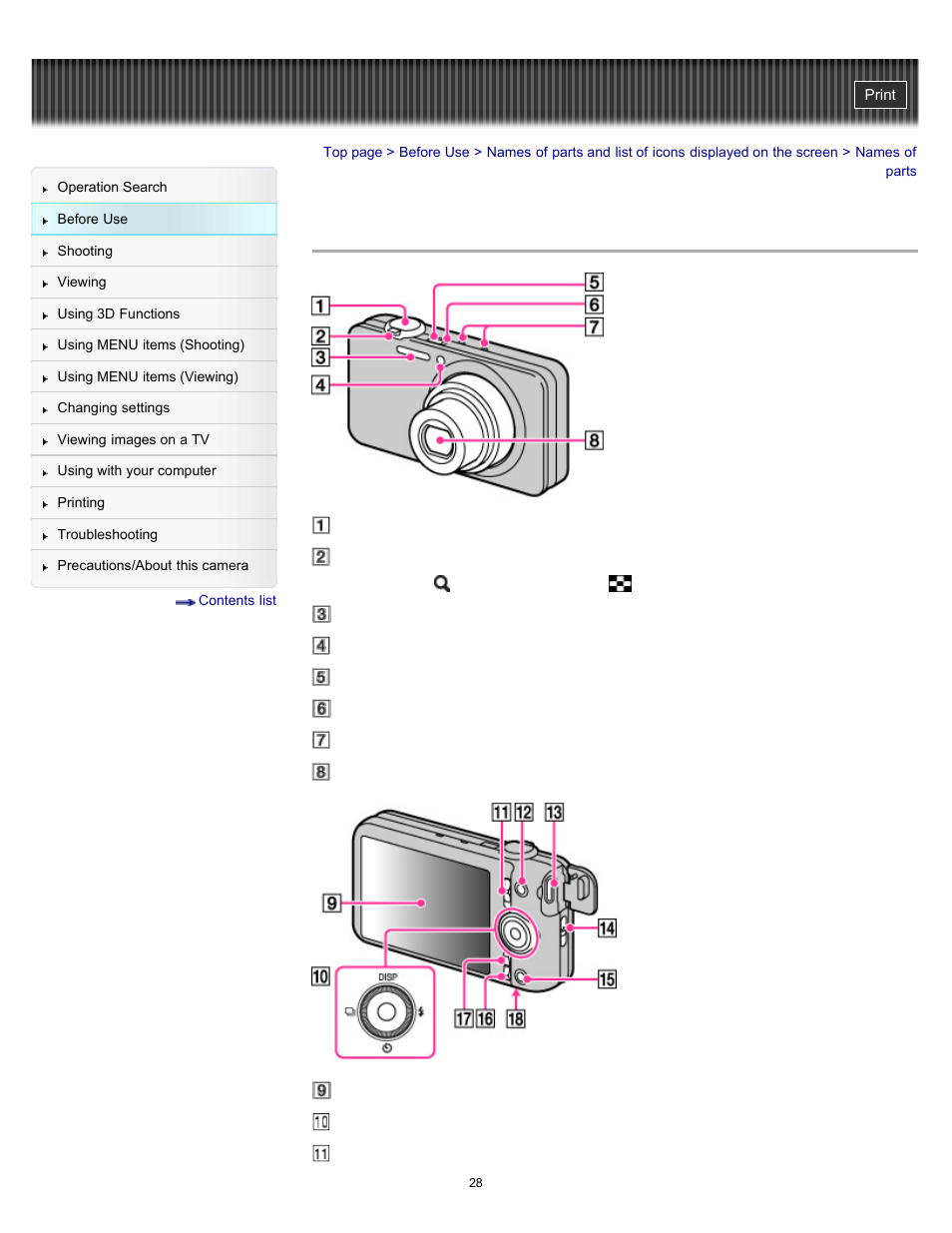 Names of parts | Sony DSC-WX9 User Manual | Page 28 / 252