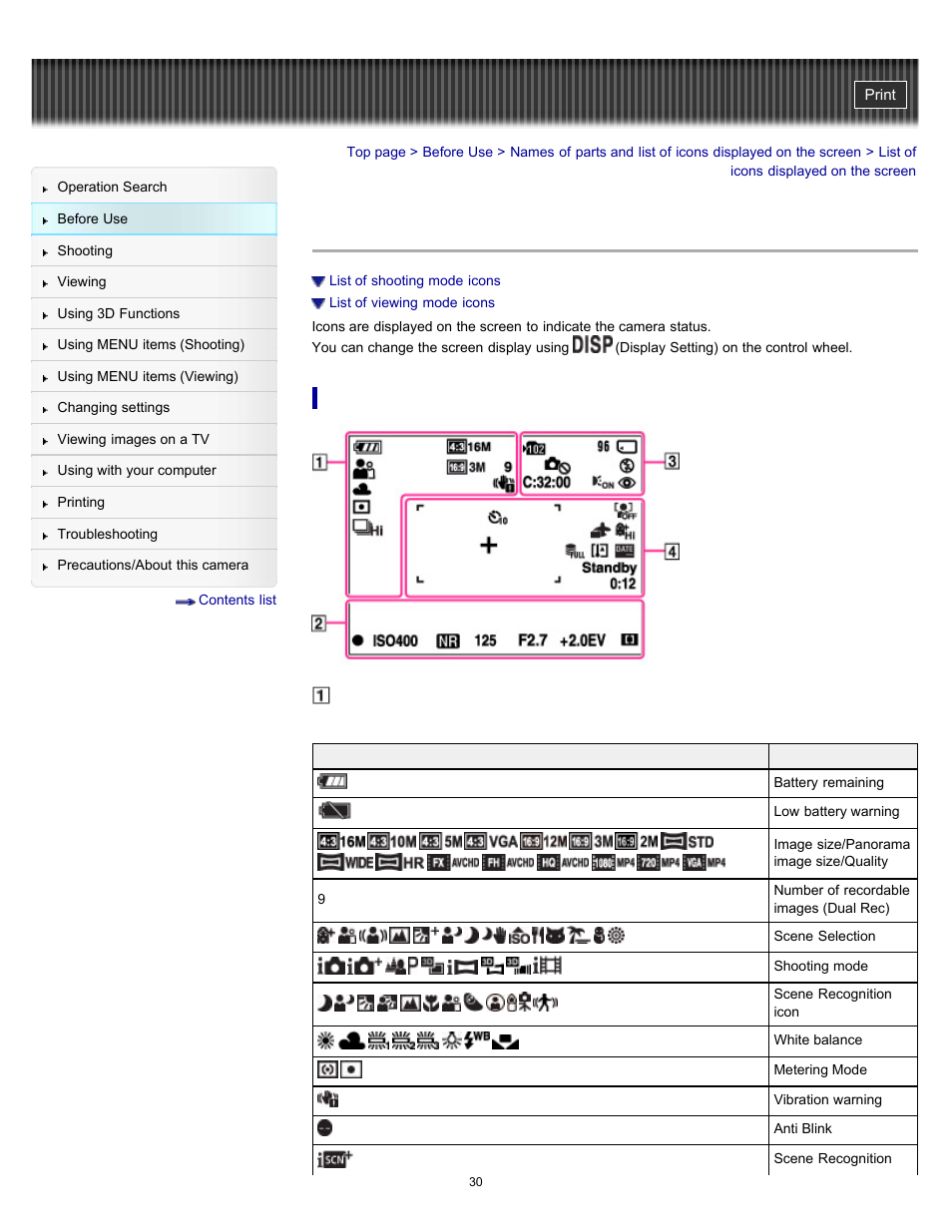 List of icons displayed on the screen | Sony DSC-WX9 User Manual | Page 30 / 252