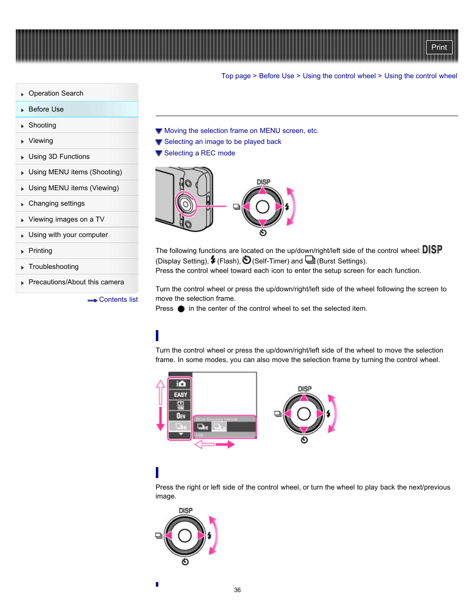 Using the control wheel | Sony DSC-WX9 User Manual | Page 36 / 252