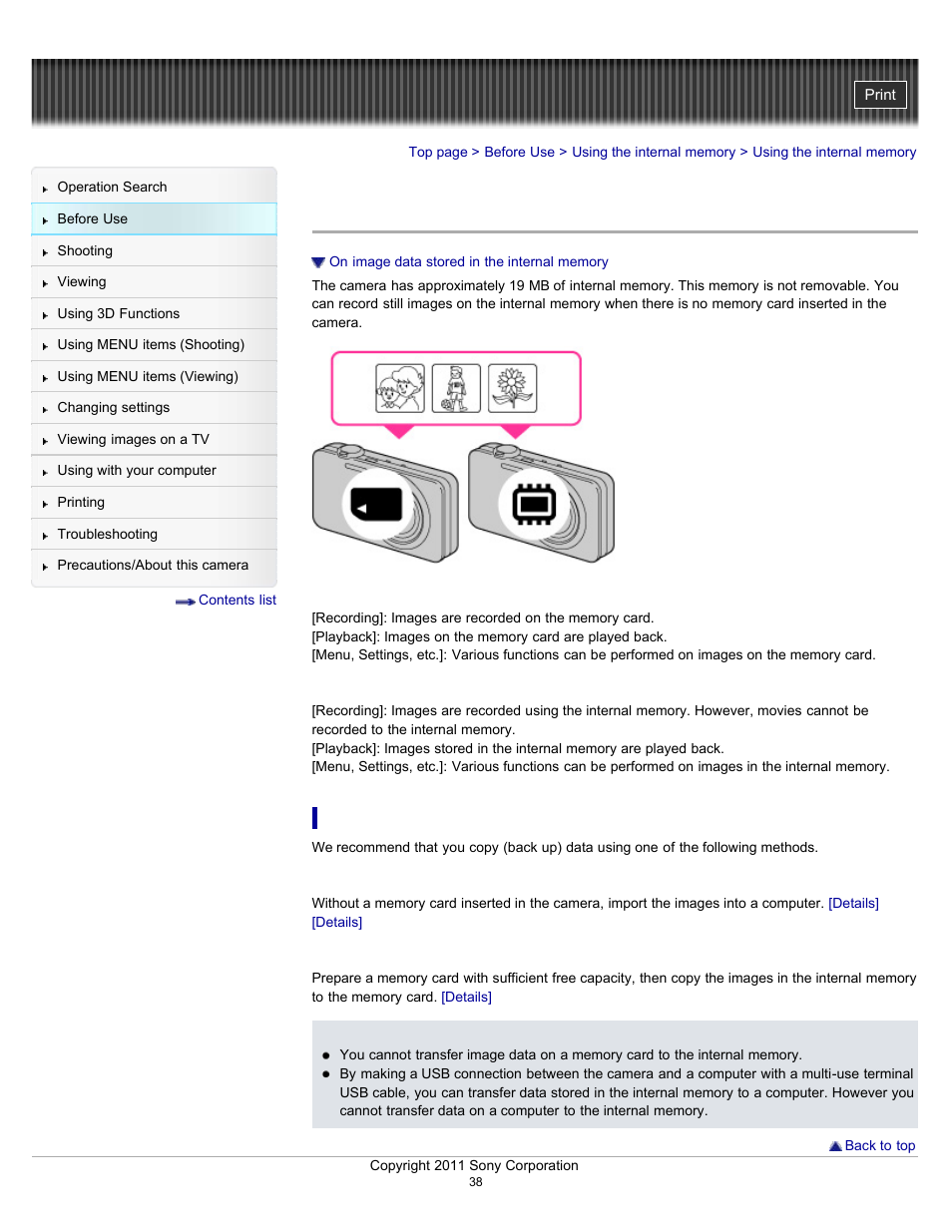 Using the internal memory | Sony DSC-WX9 User Manual | Page 38 / 252