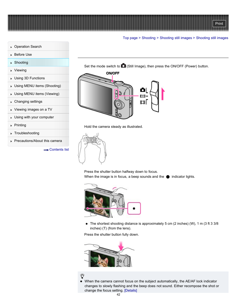 Shooting still images | Sony DSC-WX9 User Manual | Page 42 / 252