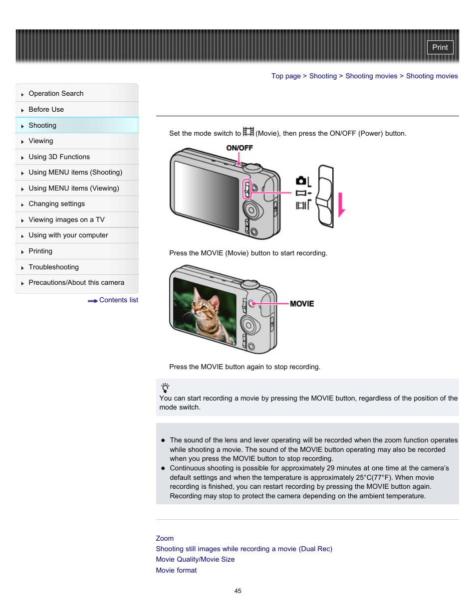 Shooting movies | Sony DSC-WX9 User Manual | Page 45 / 252