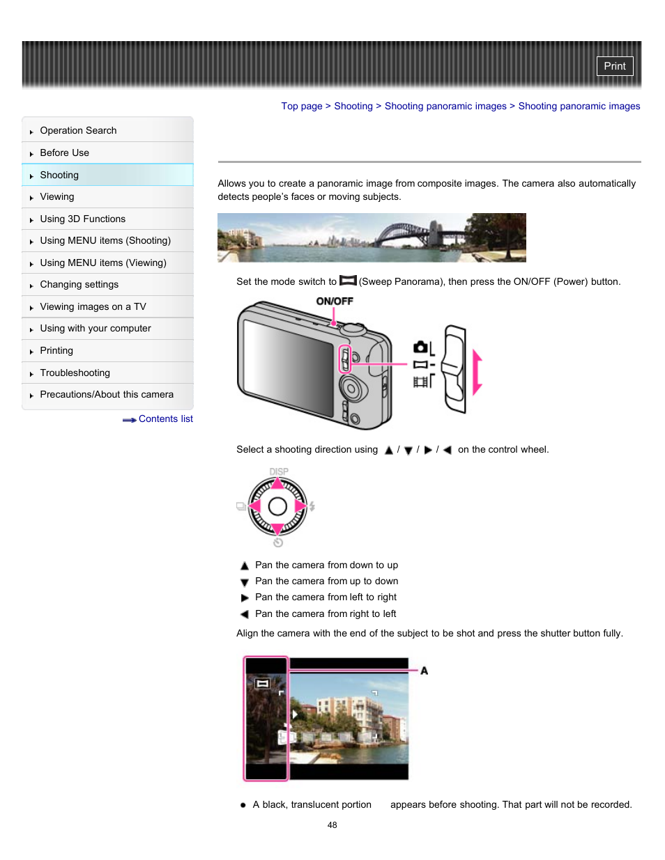 Shooting panoramic images | Sony DSC-WX9 User Manual | Page 48 / 252