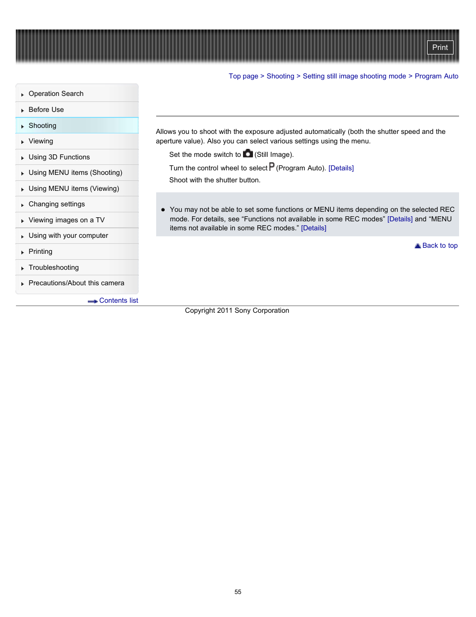 Program auto | Sony DSC-WX9 User Manual | Page 55 / 252
