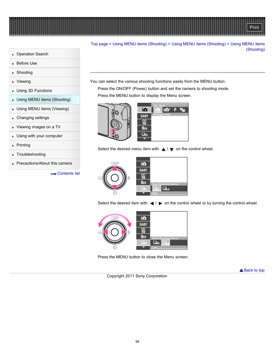 Using menu items (shooting) | Sony DSC-WX9 User Manual | Page 94 / 252