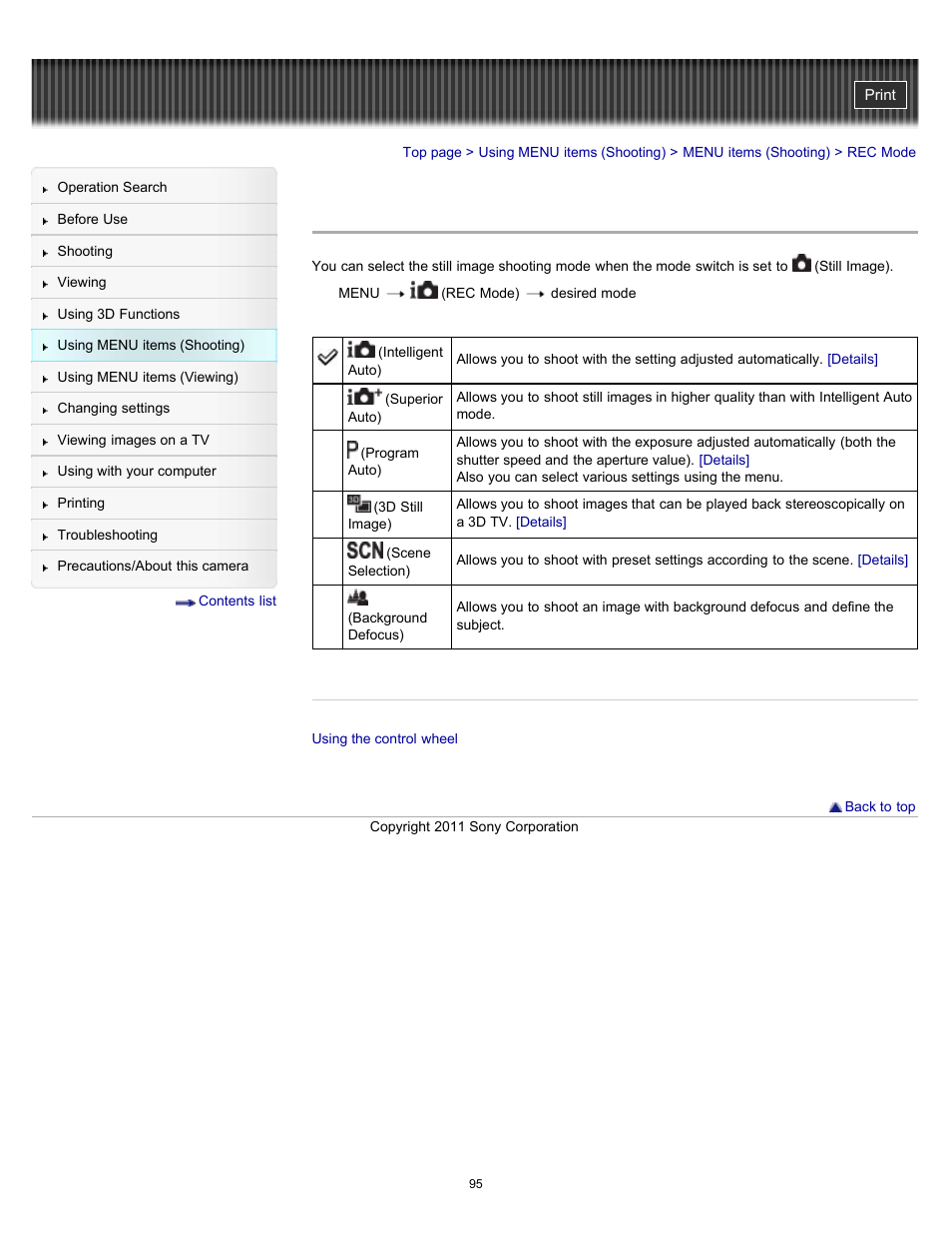 Rec mode | Sony DSC-WX9 User Manual | Page 95 / 252