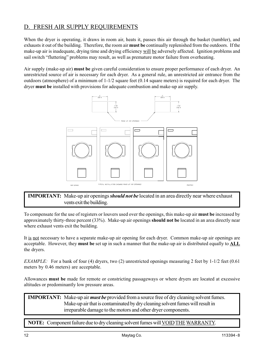 Fresh air supply requirements, D. fresh air supply requirements | American Dryer Corp. MDG75MNV User Manual | Page 16 / 50