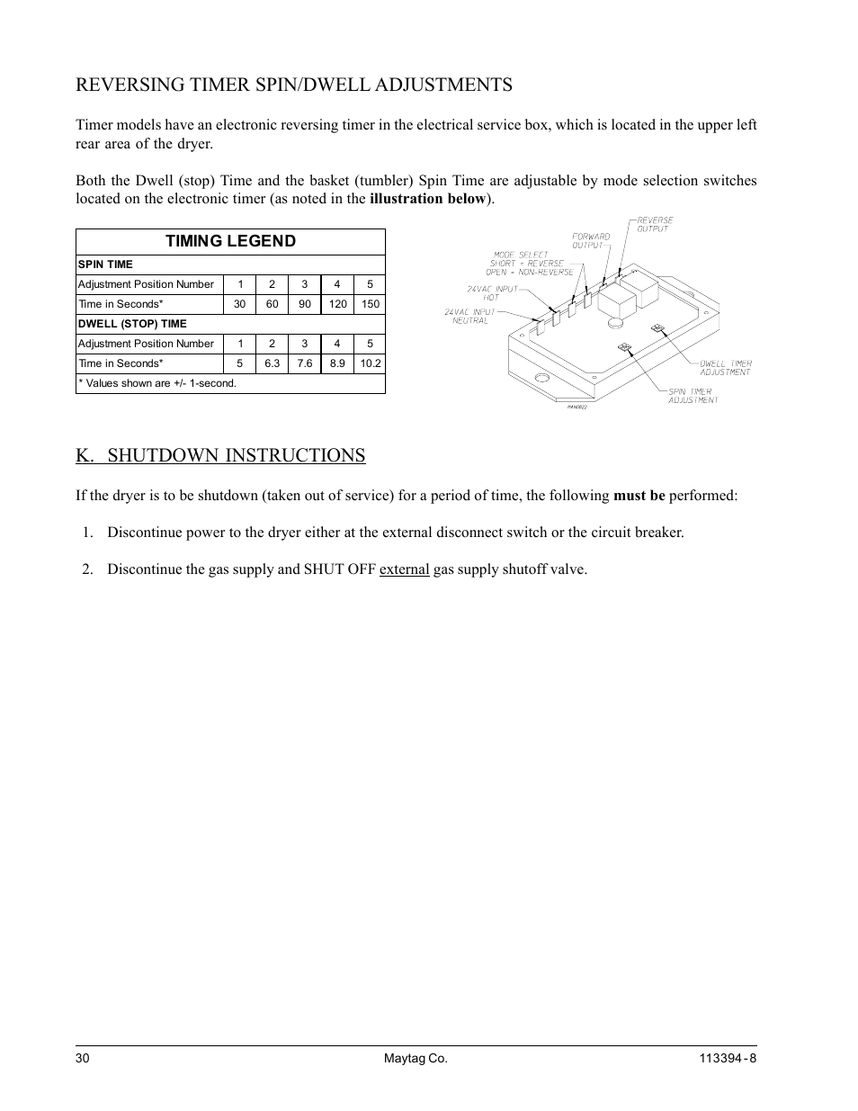 Shutdown instructions, K. shutdown instructions, Reversing timer spin/dwell adjustments | Timing legend | American Dryer Corp. MDG75MNV User Manual | Page 34 / 50