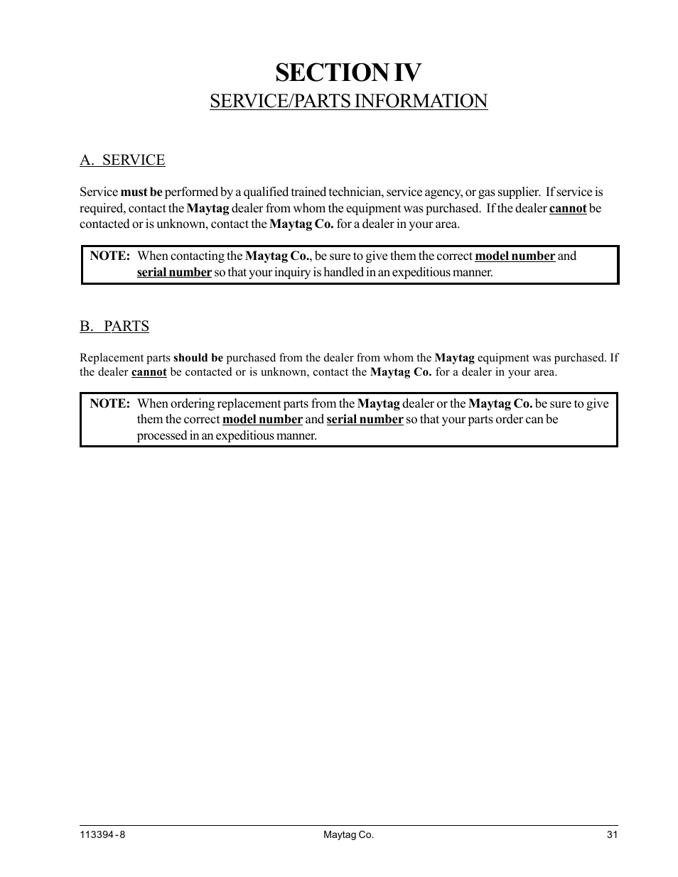 Service/parts information, Service, Parts | Section iv service/parts information, A. service b. parts | American Dryer Corp. MDG75MNV User Manual | Page 35 / 50