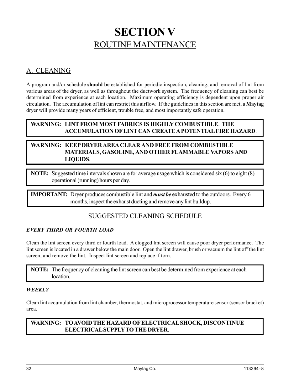 Routine maintenance, Cleaning, Section v routine maintenance | A. cleaning | American Dryer Corp. MDG75MNV User Manual | Page 36 / 50