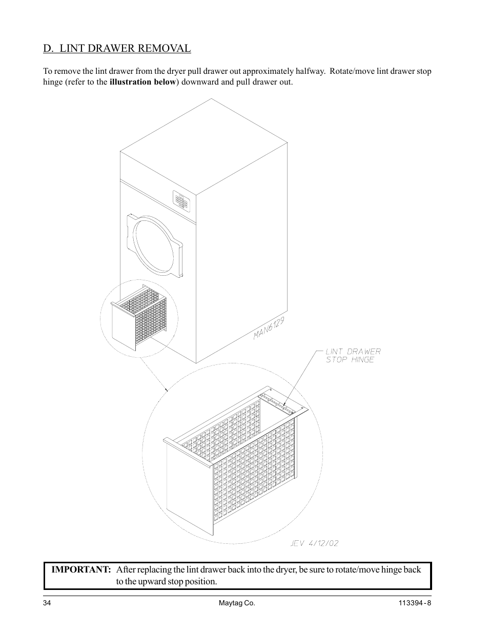 Lint drawer removal, D. lint drawer removal | American Dryer Corp. MDG75MNV User Manual | Page 38 / 50