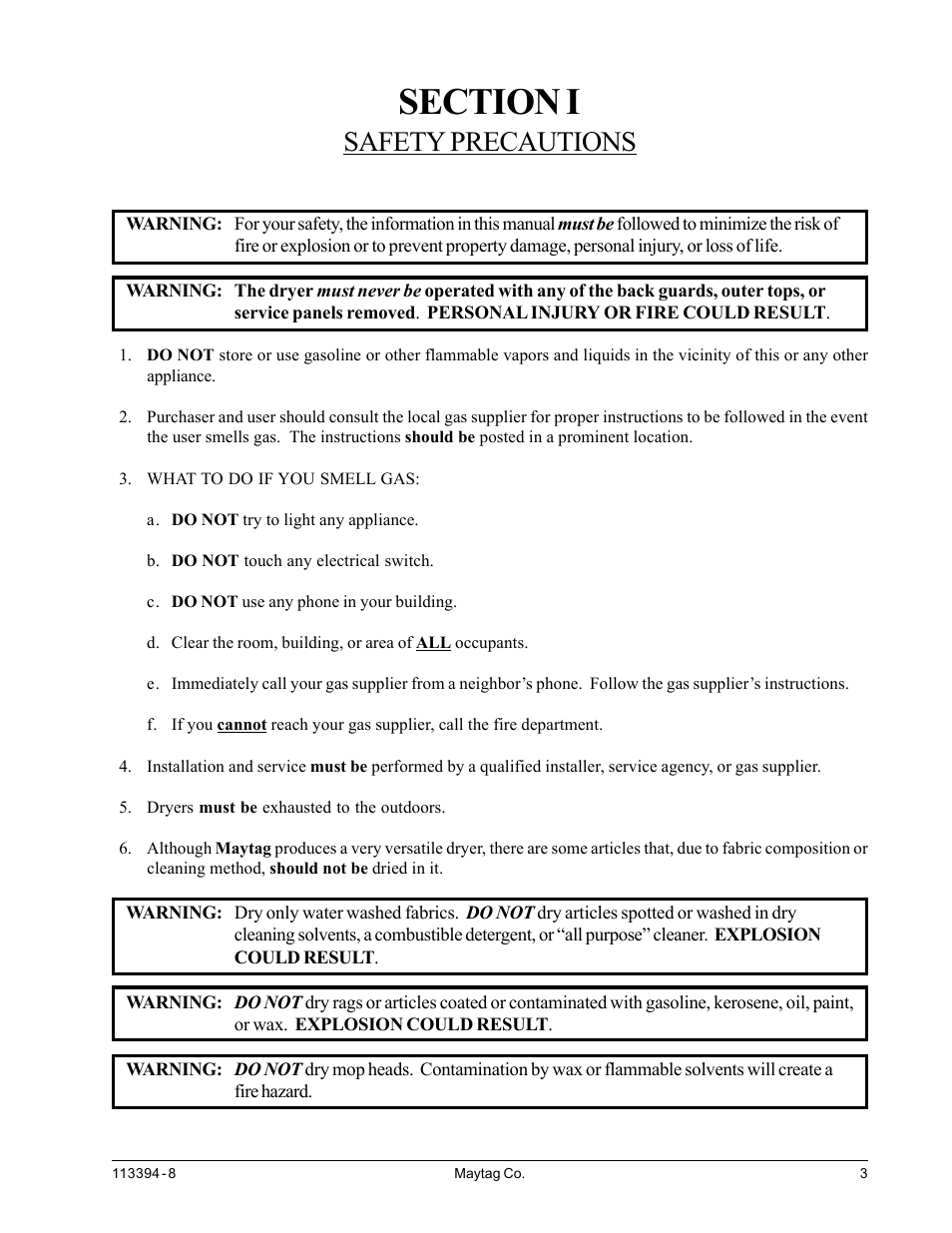 Safety precautions, Section i safety precautions | American Dryer Corp. MDG75MNV User Manual | Page 7 / 50