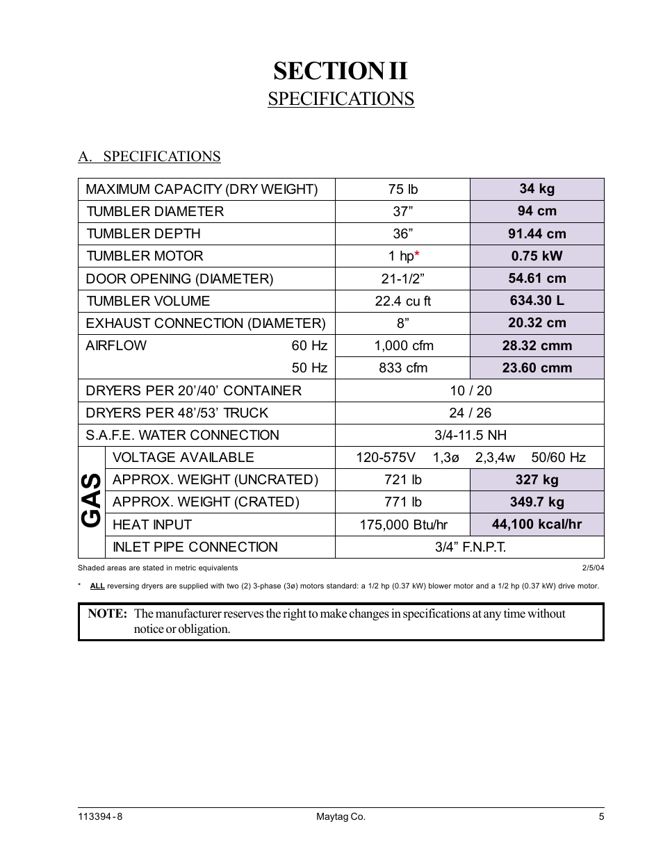 Specifications, Section ii specifications, A. specifications | American Dryer Corp. MDG75MNV User Manual | Page 9 / 50