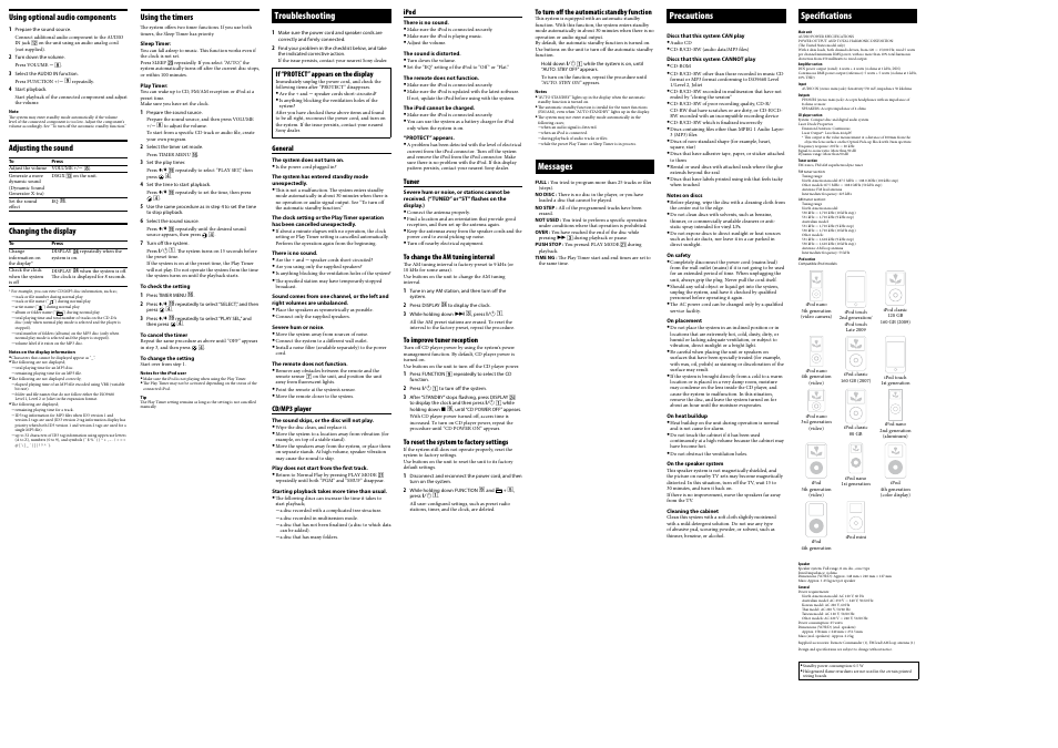 Troubleshooting, Messages, Precautions | Specifications | Sony CMT-FX300i User Manual | Page 2 / 2