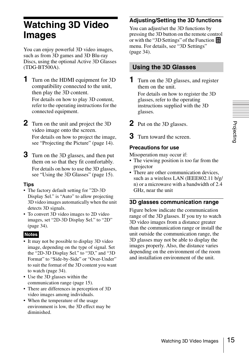 Watching 3d video images, Using the 3d glasses | Sony VPL-VW600ES User Manual | Page 15 / 88