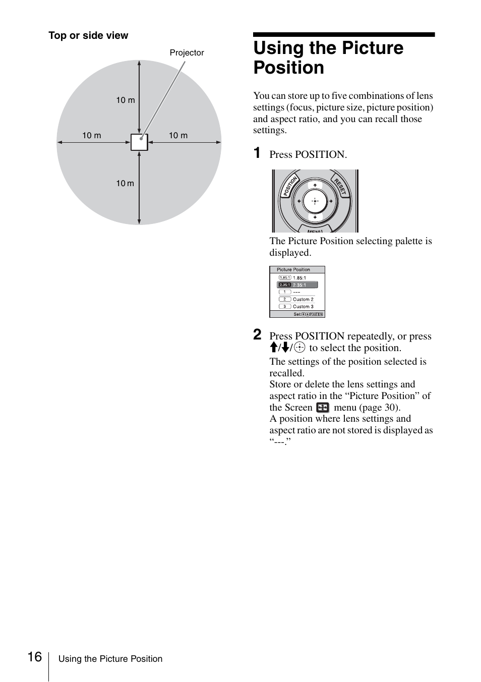 Using the picture position | Sony VPL-VW600ES User Manual | Page 16 / 88