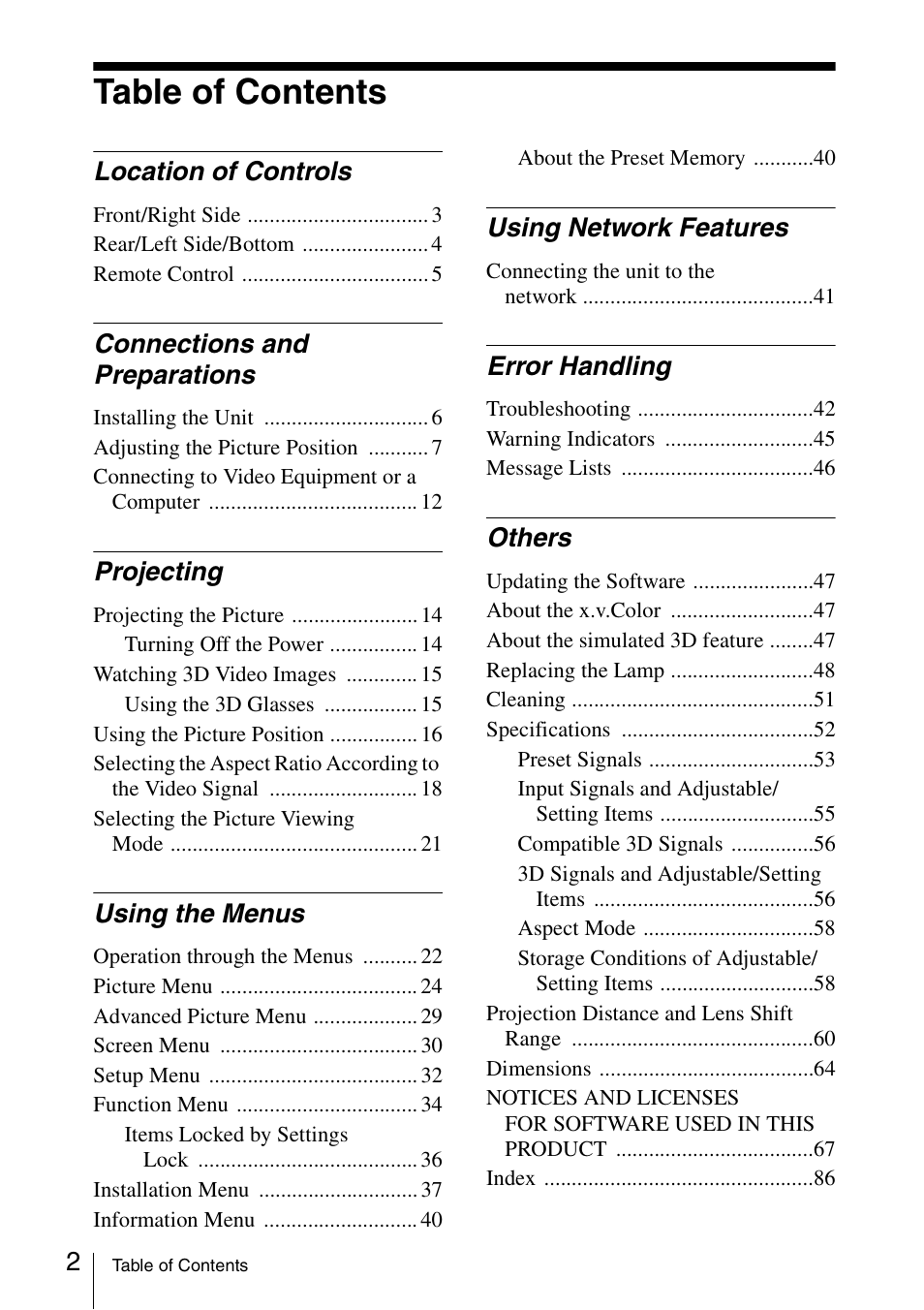 Sony VPL-VW600ES User Manual | Page 2 / 88