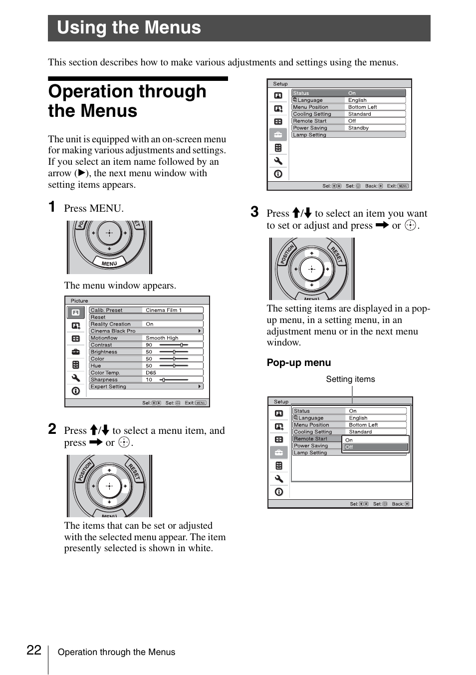 Using the menus, Operation through the menus | Sony VPL-VW600ES User Manual | Page 22 / 88