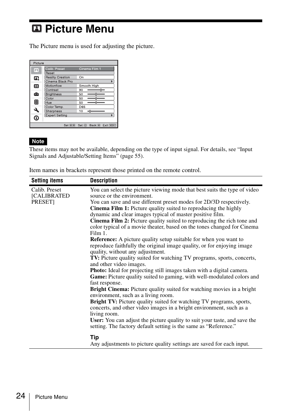 Picture menu | Sony VPL-VW600ES User Manual | Page 24 / 88