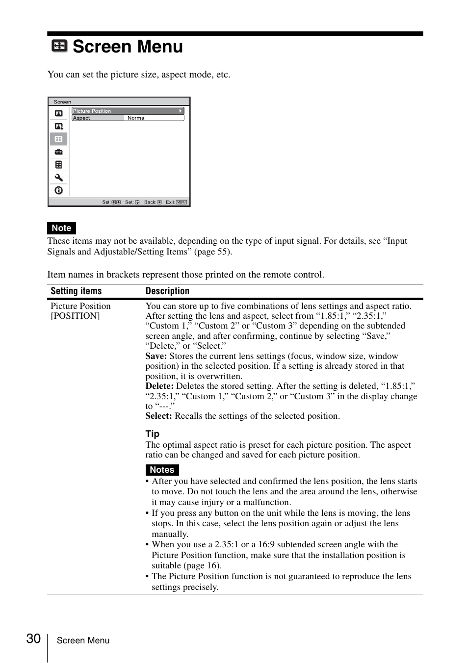 Screen menu | Sony VPL-VW600ES User Manual | Page 30 / 88