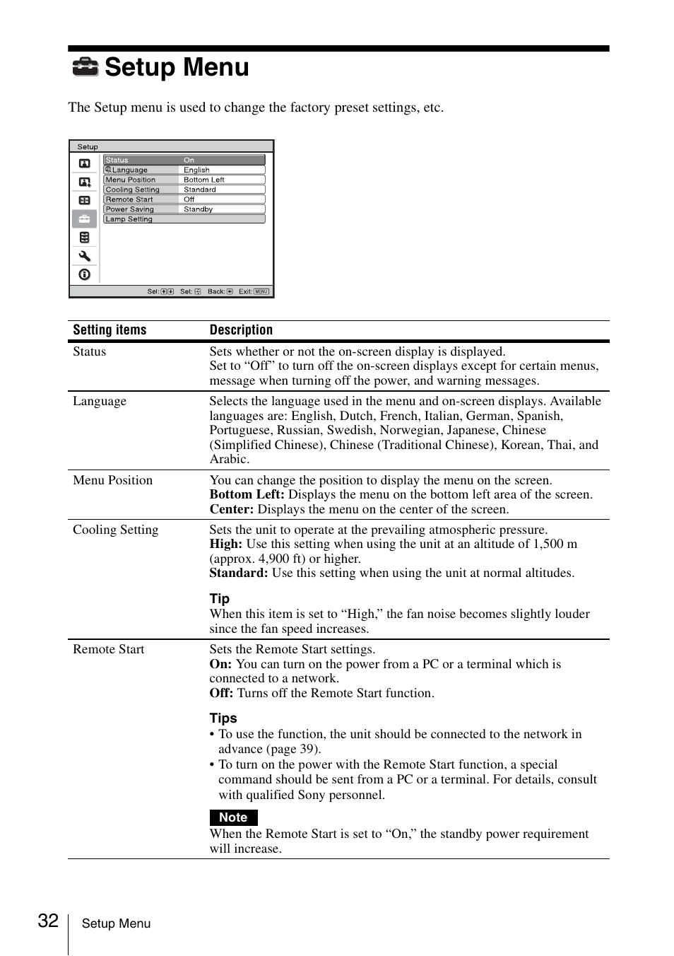 Setup menu | Sony VPL-VW600ES User Manual | Page 32 / 88