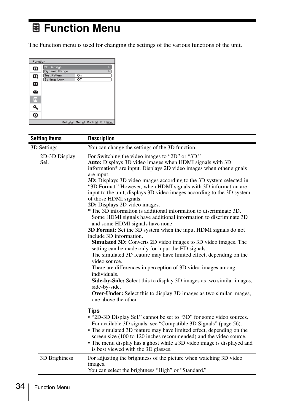 Function menu | Sony VPL-VW600ES User Manual | Page 34 / 88