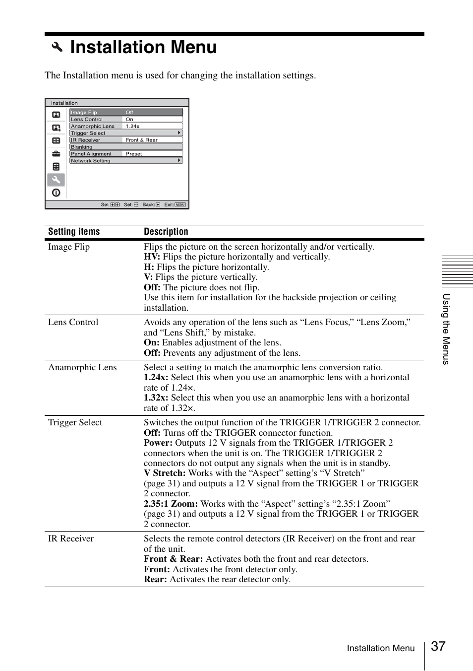 Installation menu | Sony VPL-VW600ES User Manual | Page 37 / 88