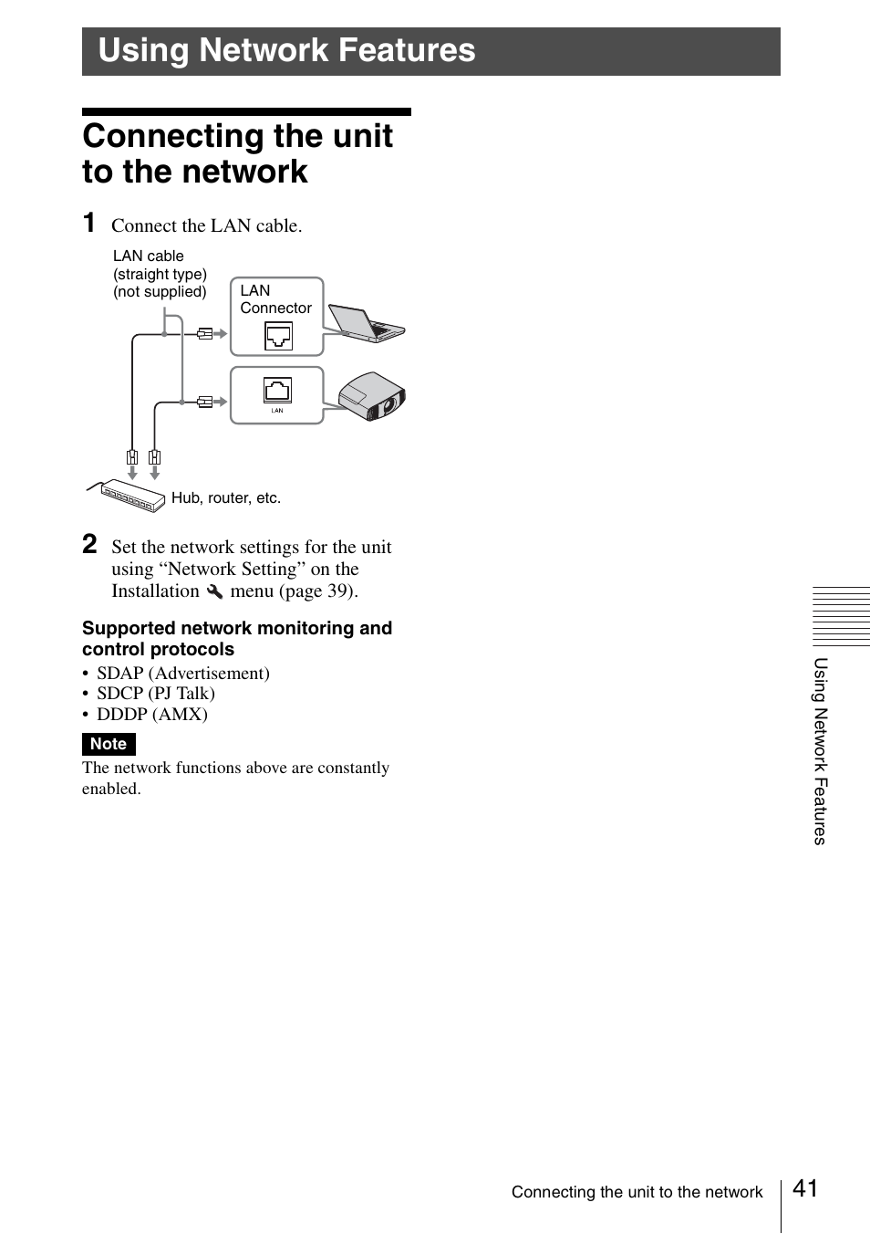 Using network features, Connecting the unit to the network, Connecting the unit to the | Network | Sony VPL-VW600ES User Manual | Page 41 / 88