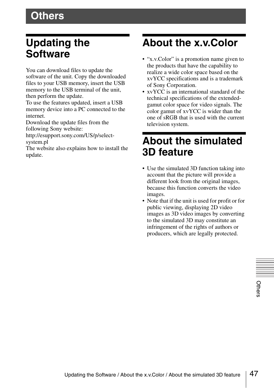 Others, Updating the software, About the x.v.color | About the simulated 3d feature | Sony VPL-VW600ES User Manual | Page 47 / 88