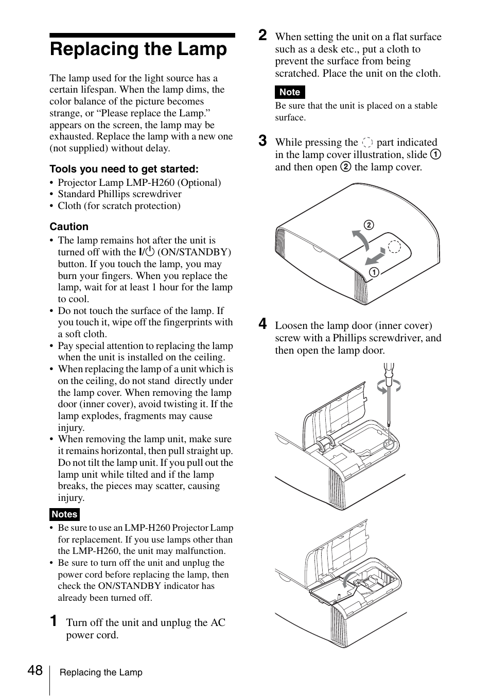 Replacing the lamp | Sony VPL-VW600ES User Manual | Page 48 / 88